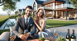 DALL·E 2024 10 21 11.28.41 A successful couple living a good life enjoying a luxurious serene outdoor setting in ultra realistic detail with more realistic facial features. Th